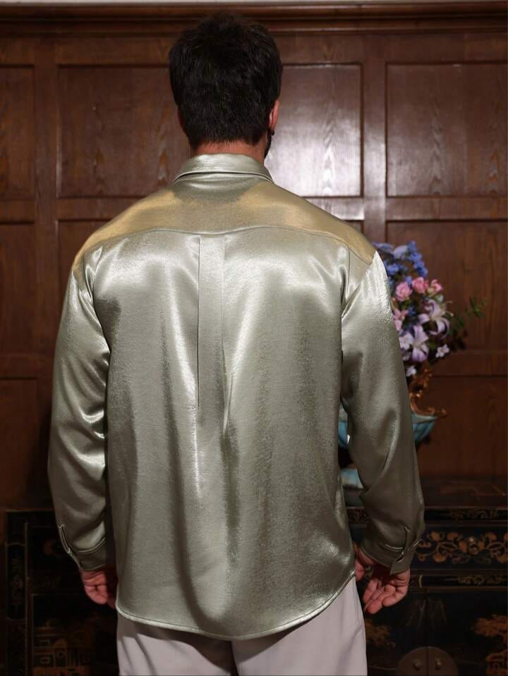 Men's Solid Green Casual Party Shirt, Spring/Summer Long Sleeve